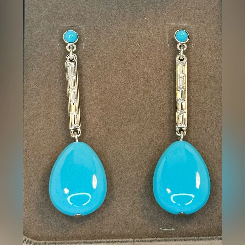 NWB Nolan Miller Silver-toned Blue Drop Dangle Earrings w/ Clear Baguette Stones
